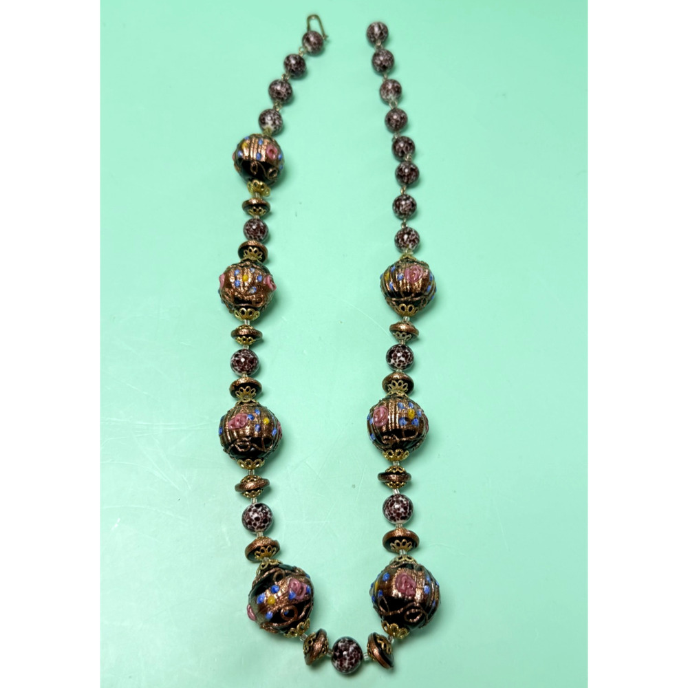 Vintage Venetian Wedding Cake Glass Bead Necklace Fiorato Black Gold Foil Italy - Picture 2 of 6